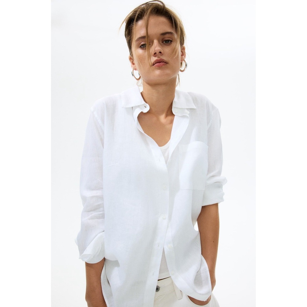 H&M Women's White 100% Linen Button Down Shirt Size XL